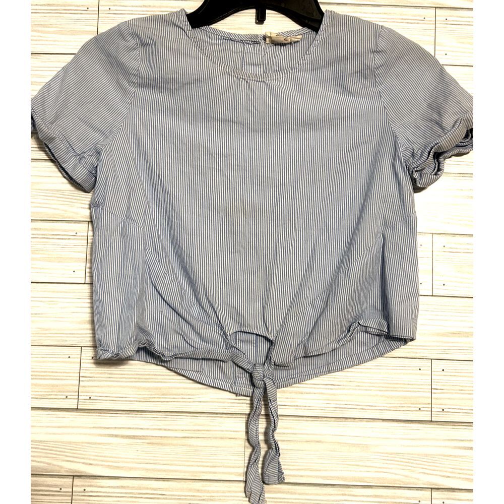 Girls Blu Pepper blue and white‎ stripe tie knot short sleeve top shirt Large